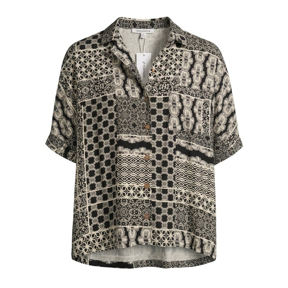 Rose + Olive Button Up Blouse Womens Small Black Cream Patchwork Rayon NWT
